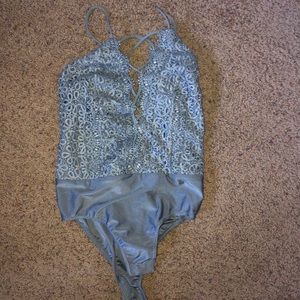 Akira Grey bodysuit with embroidered top